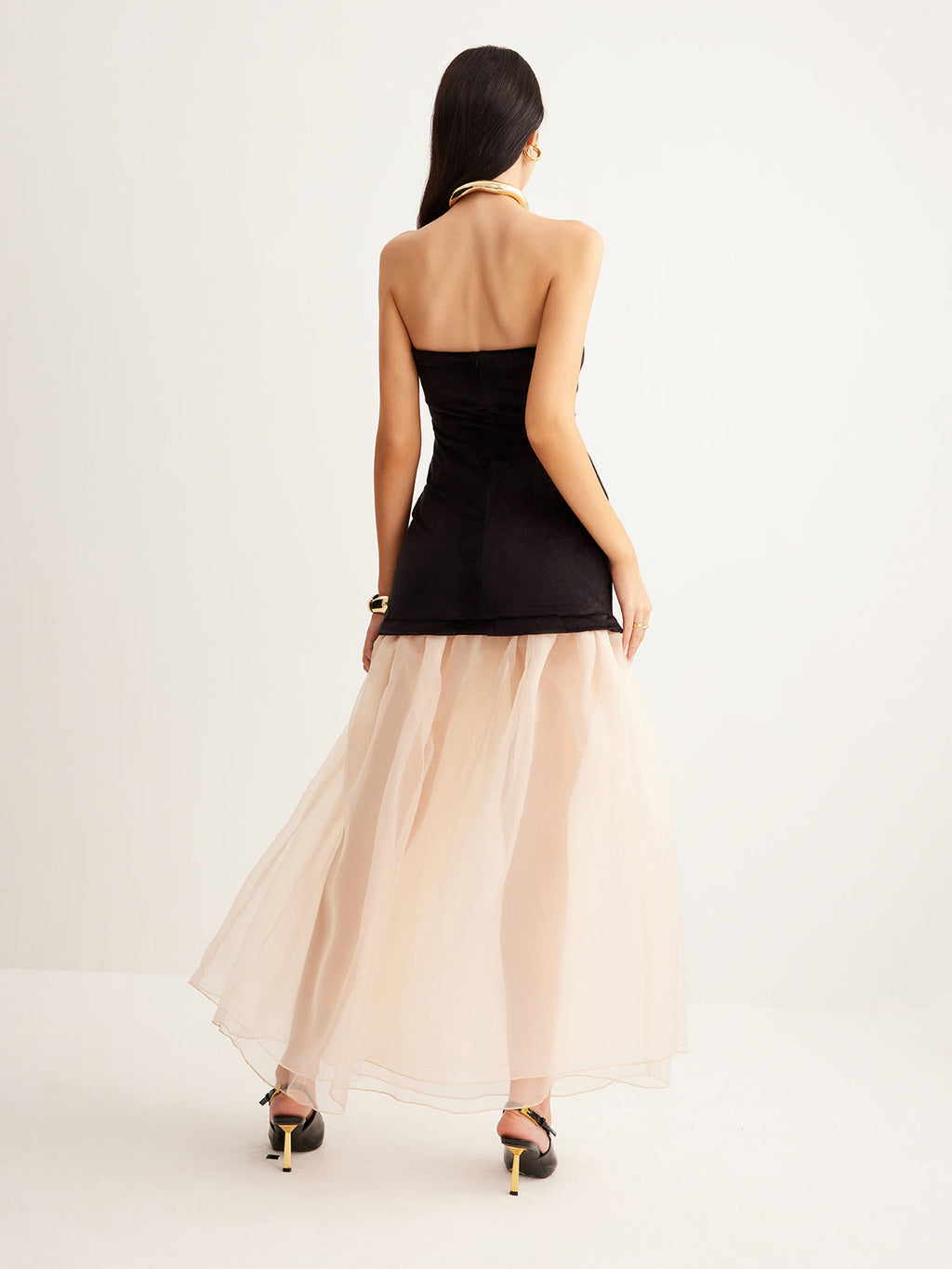 Strapless Velvet Sweetheart Bodice Sheer Tiered Mesh Maxi Dress