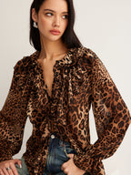 | Women's Summer Ruffle Neck Blouse in Leopard Print