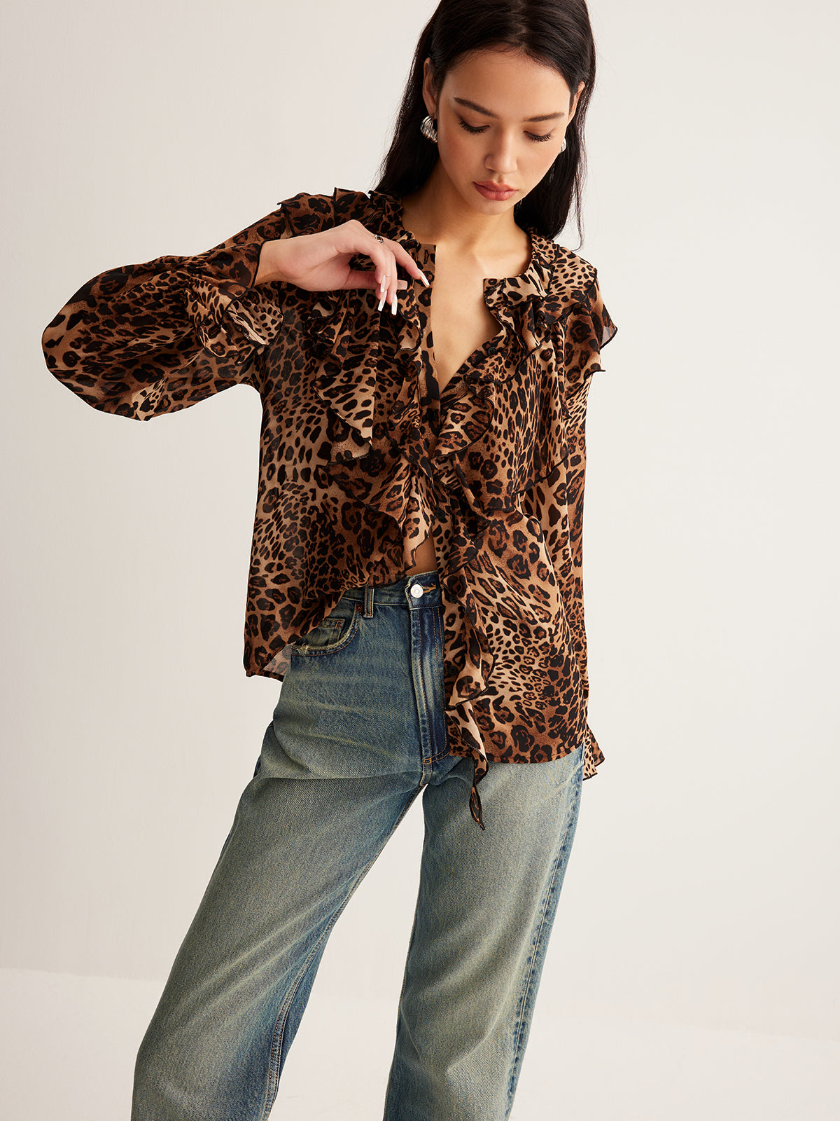 | Women's Summer Ruffle Neck Blouse in Leopard Print
