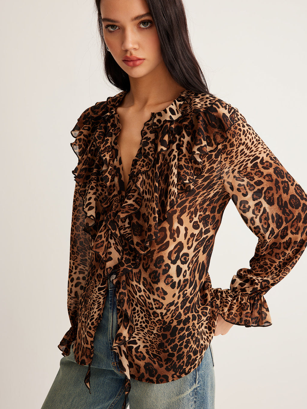 | Women's Summer Ruffle Neck Blouse in Leopard Print