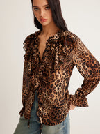 | Women's Summer Ruffle Neck Blouse in Leopard Print