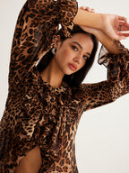 | Women's Summer Ruffle Neck Blouse in Leopard Print