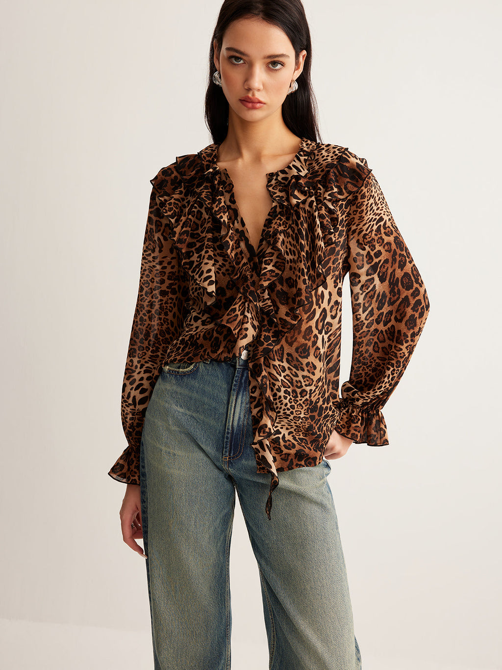 | Women's Summer Ruffle Neck Blouse in Leopard Print
