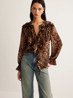 | Women's Summer Ruffle Neck Blouse in Leopard Print