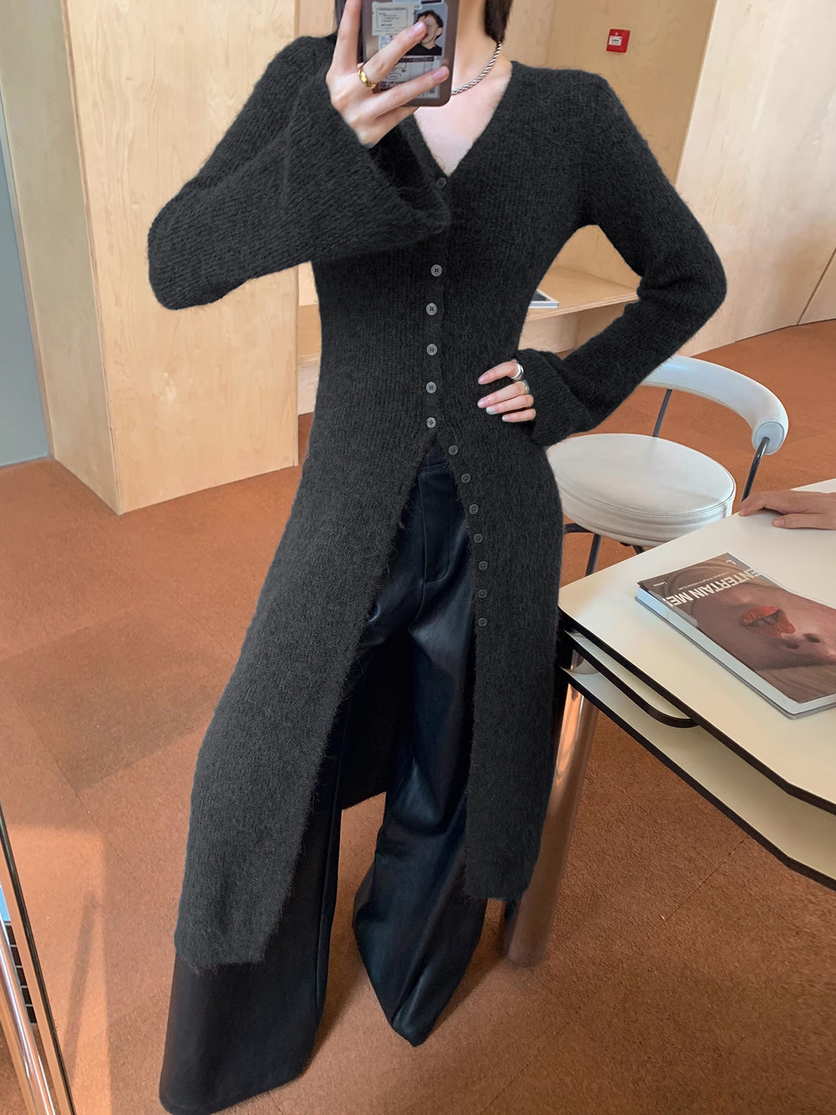 Ribbed Knit Bell Sleeve Button Front Center Slit Sweater Dress