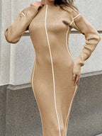 Mock Neck Drop Shoulder Contrast Piping Rib Knit Sweater Maxi Dress