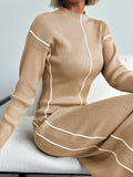 Mock Neck Drop Shoulder Contrast Piping Rib Knit Sweater Maxi Dress