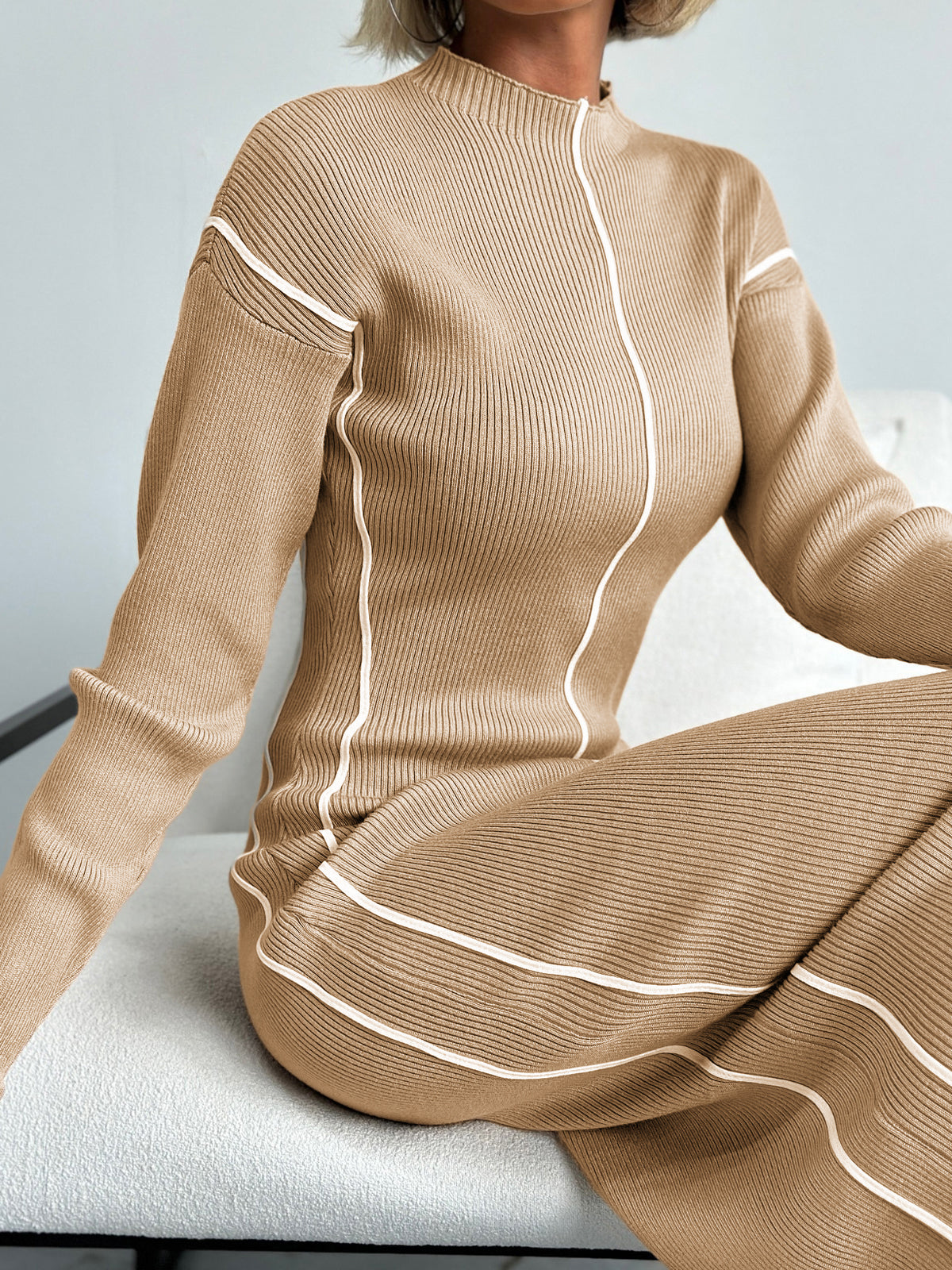 Mock Neck Drop Shoulder Contrast Piping Rib Knit Sweater Maxi Dress
