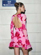 Mesh Velvet Floral Applique Crew Neck Bell Sleeve Mini Dress