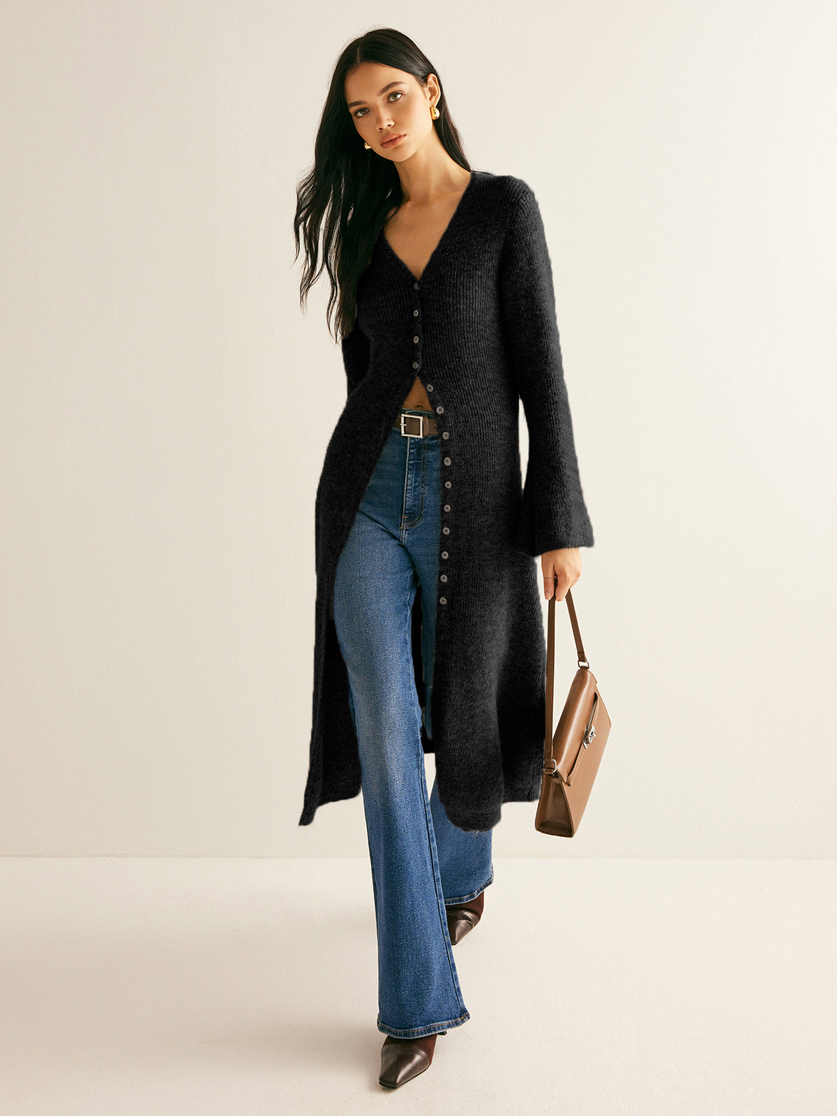 Ribbed Knit Bell Sleeve Button Front Center Slit Sweater Dress
