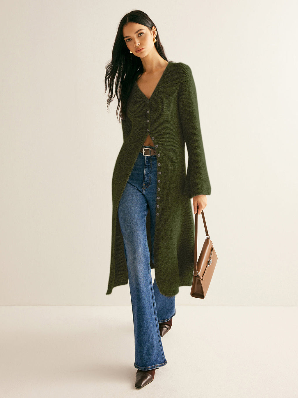 Ribbed Knit Bell Sleeve Button Front Center Slit Sweater Dress