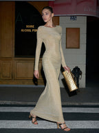 Metallic Lurex Ruched Side Drape Boat Neck Maxi Dress
