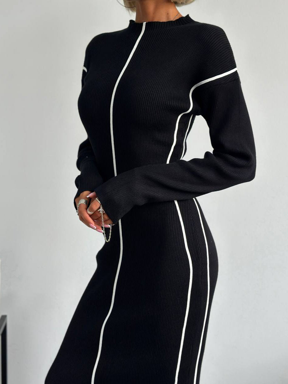 Mock Neck Drop Shoulder Contrast Piping Rib Knit Sweater Maxi Dress