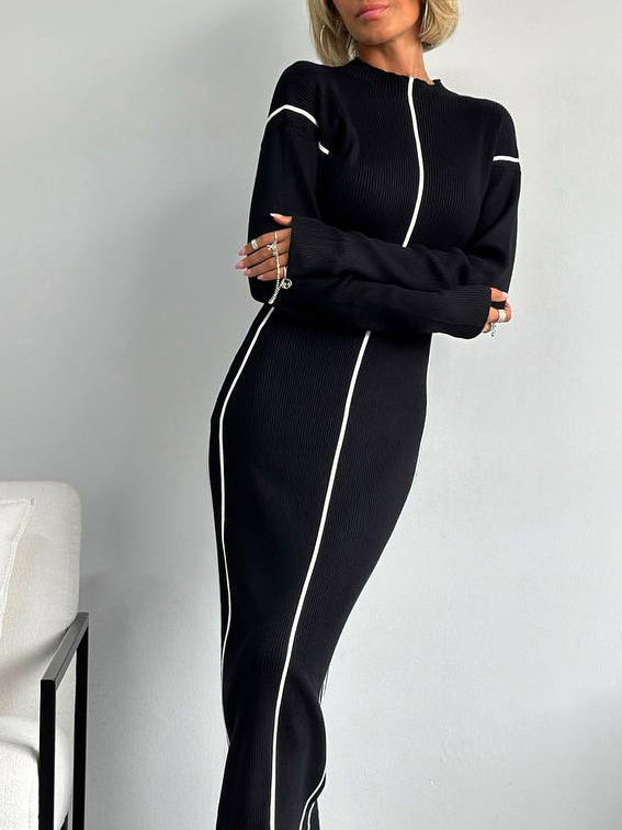 Mock Neck Drop Shoulder Contrast Piping Rib Knit Sweater Maxi Dress