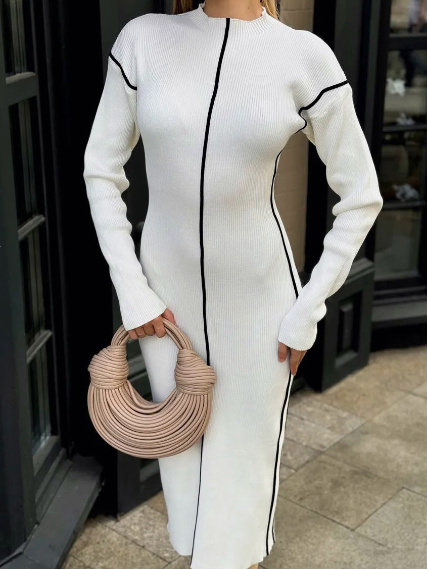Mock Neck Drop Shoulder Contrast Piping Rib Knit Sweater Maxi Dress