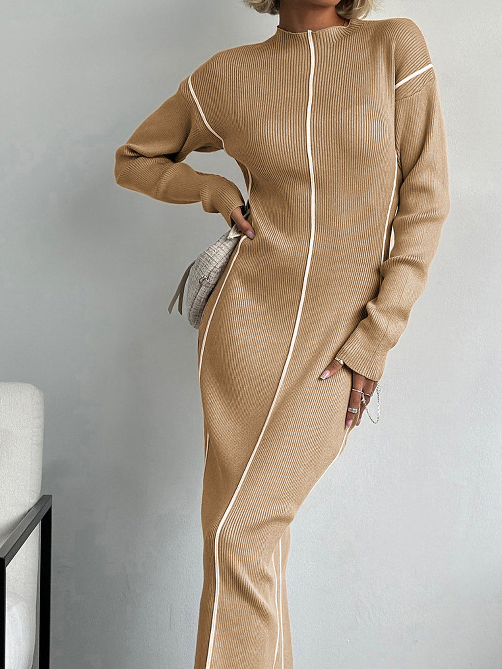Mock Neck Drop Shoulder Contrast Piping Rib Knit Sweater Maxi Dress