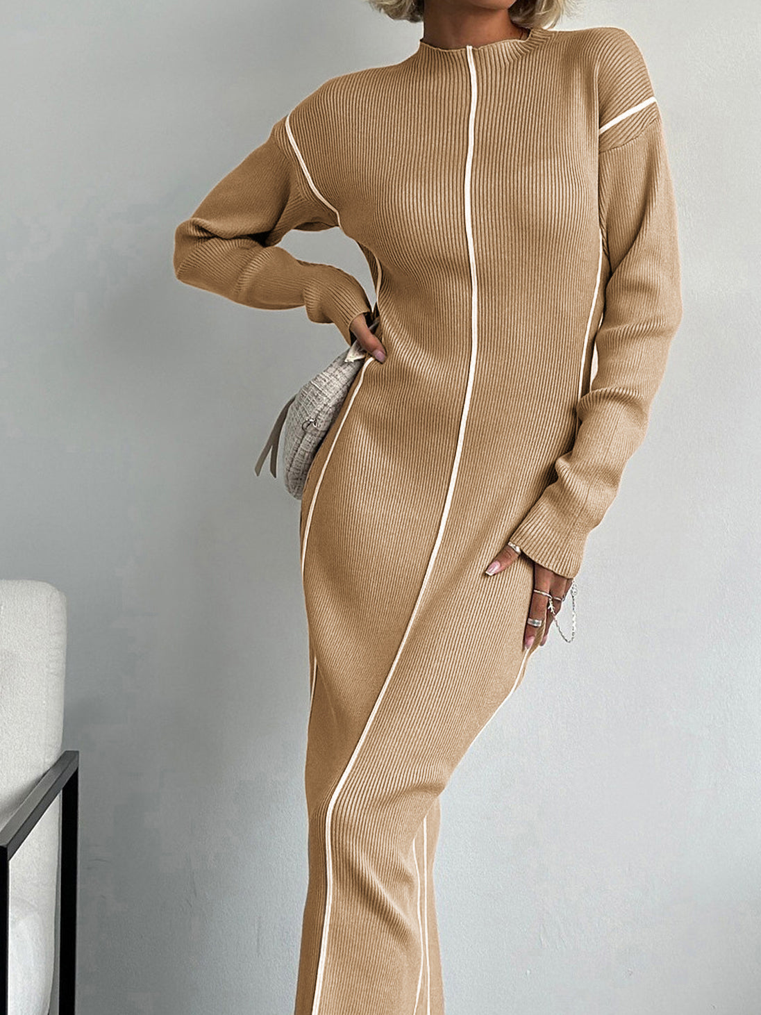 Mock Neck Drop Shoulder Contrast Piping Rib Knit Sweater Maxi Dress