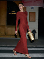 Metallic Lurex Ruched Side Drape Boat Neck Maxi Dress