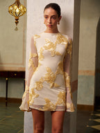 Mesh Velvet Floral Applique Crew Neck Bell Sleeve Mini Dress