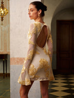 Mesh Velvet Floral Applique Crew Neck Bell Sleeve Mini Dress