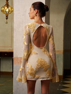 Mesh Velvet Floral Applique Crew Neck Bell Sleeve Mini Dress