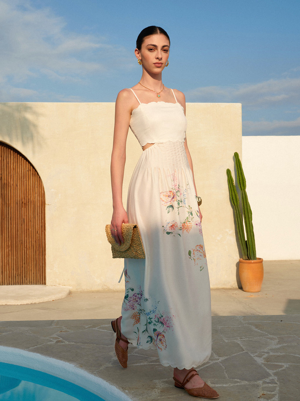 Spaghetti Strap Scallop Trim Side Cutout Smocked Waist Floral Maxi Dress