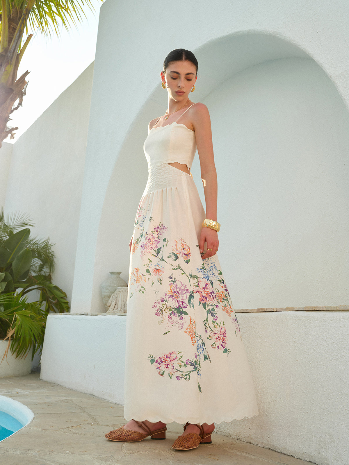 Spaghetti Strap Scallop Trim Side Cutout Smocked Waist Floral Maxi Dress