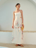 Spaghetti Strap Scallop Trim Side Cutout Smocked Waist Floral Maxi Dress