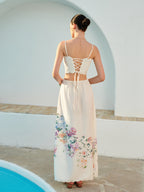 Spaghetti Strap Scallop Trim Side Cutout Smocked Waist Floral Maxi Dress
