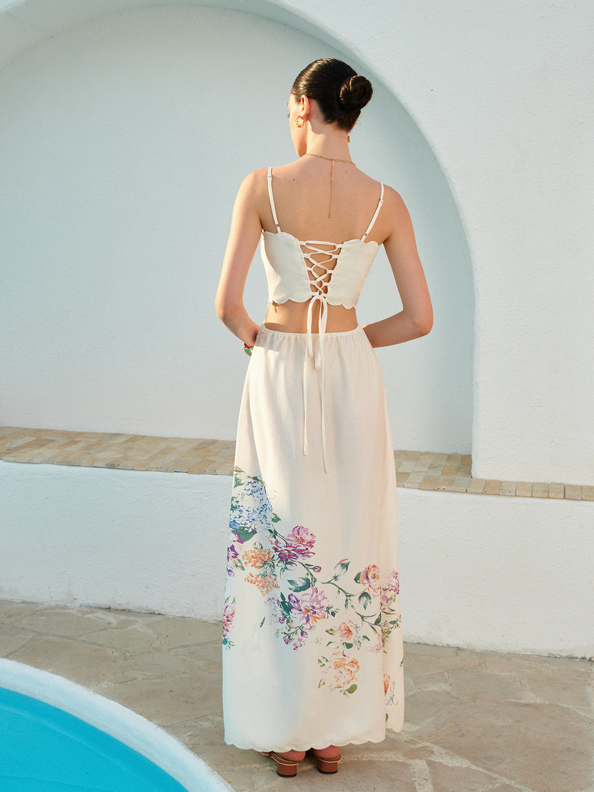 Spaghetti Strap Scallop Trim Side Cutout Smocked Waist Floral Maxi Dress