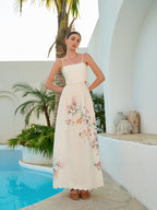Spaghetti Strap Scallop Trim Side Cutout Smocked Waist Floral Maxi Dress