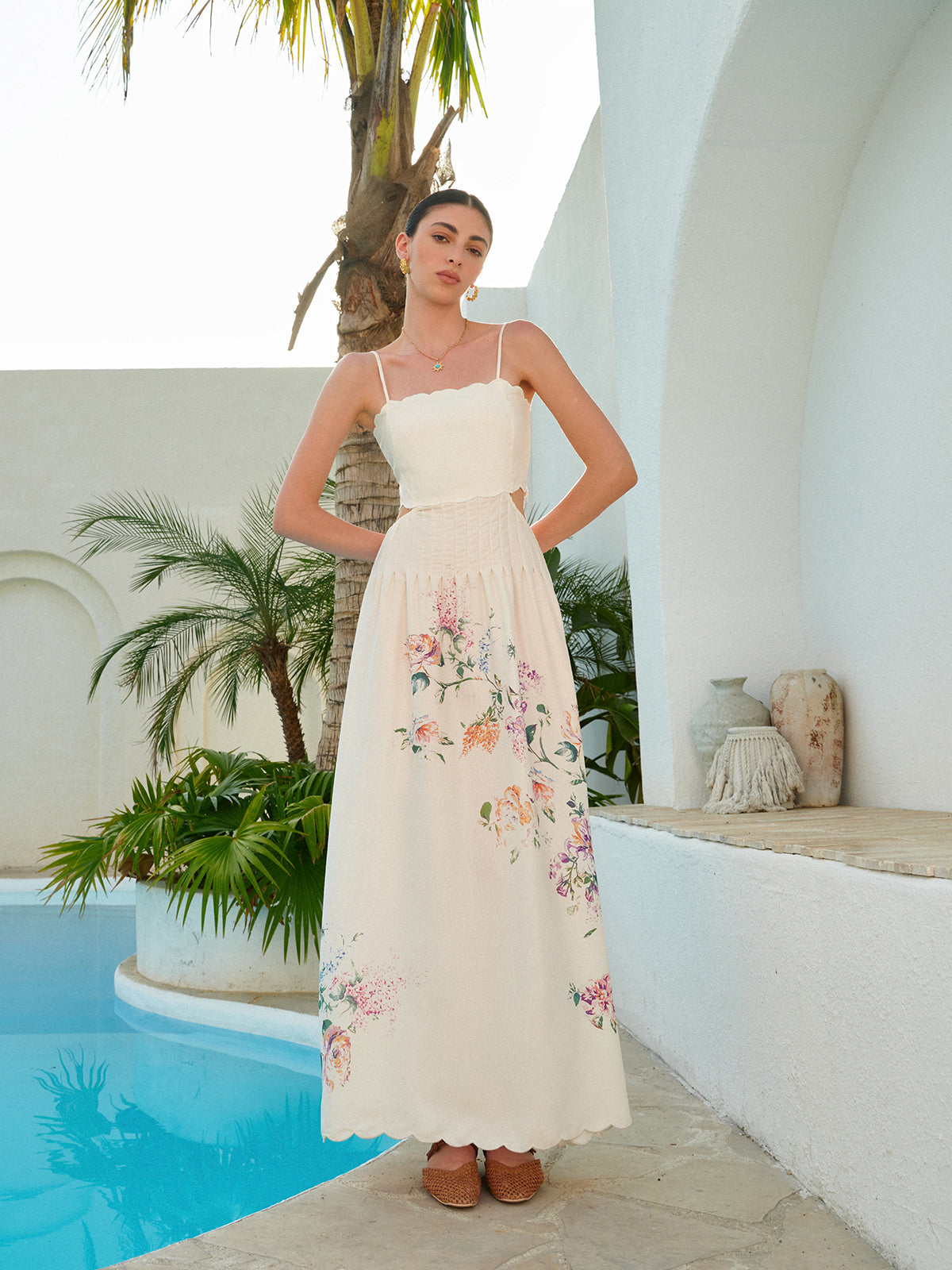 Spaghetti Strap Scallop Trim Side Cutout Smocked Waist Floral Maxi Dress