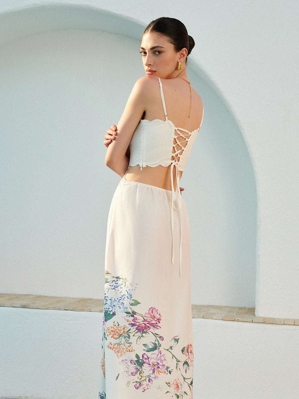 Spaghetti Strap Scallop Trim Side Cutout Smocked Waist Floral Maxi Dress