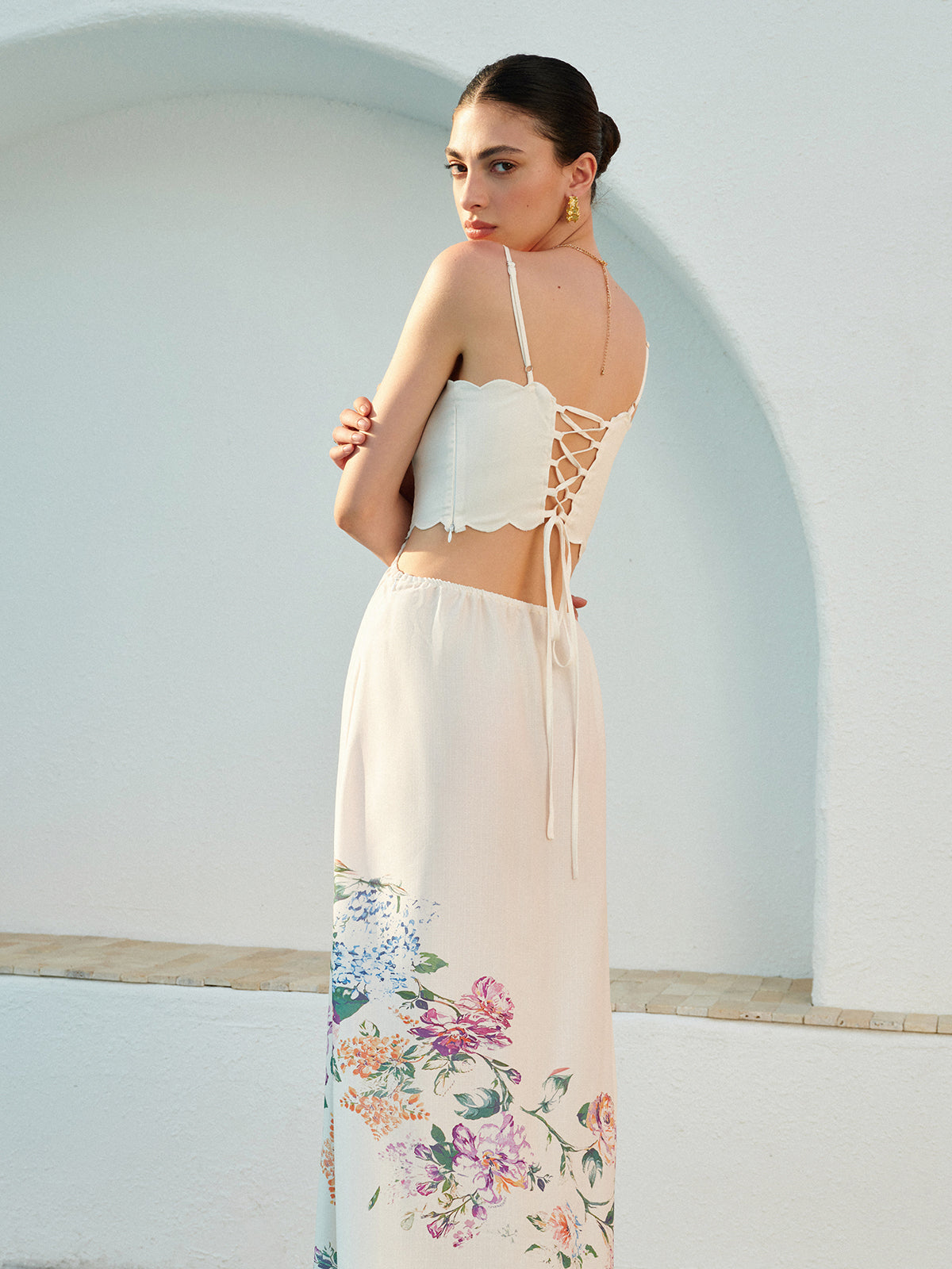 Spaghetti Strap Scallop Trim Side Cutout Smocked Waist Floral Maxi Dress