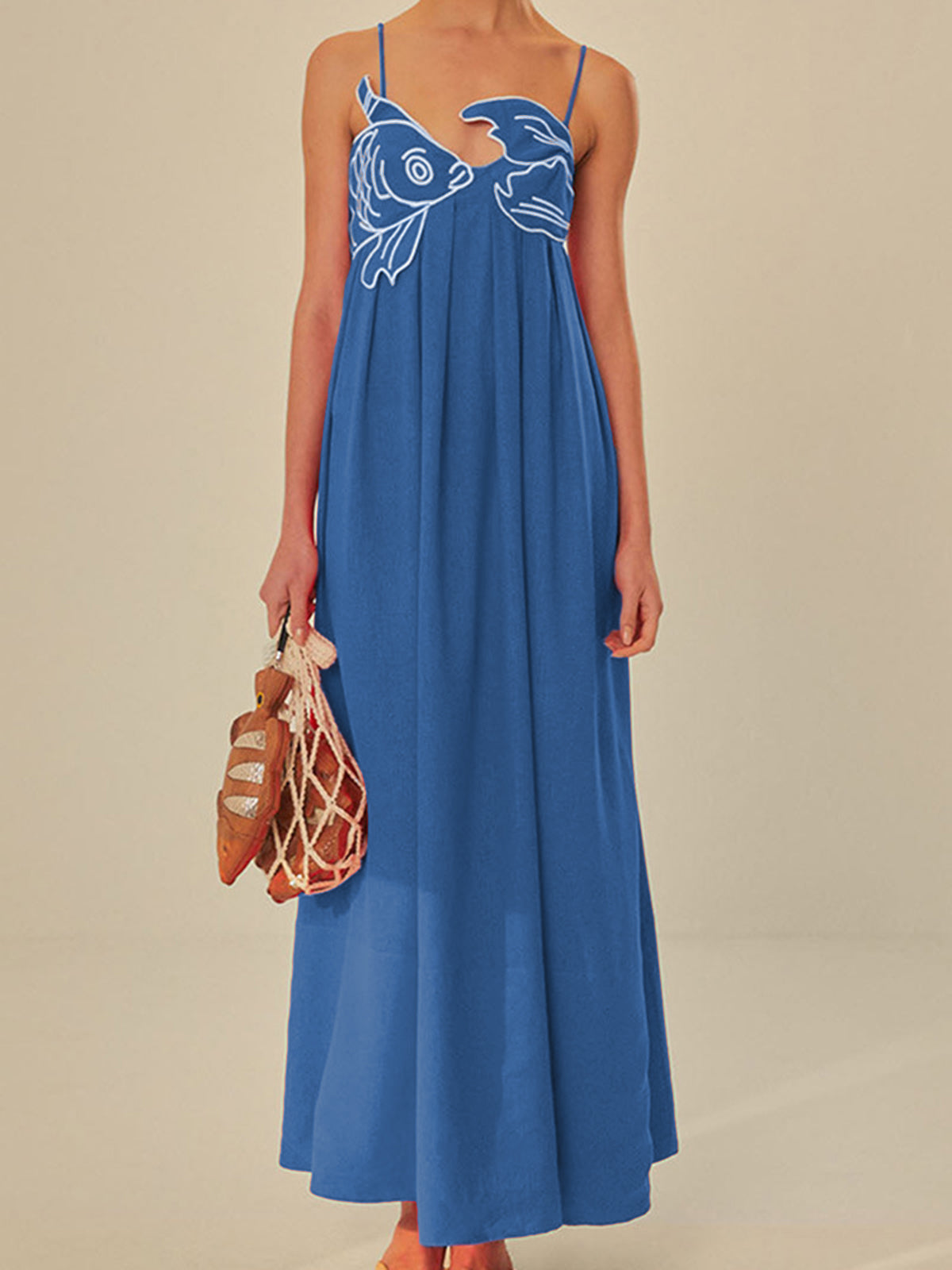 Spaghetti Strap Fish Applique Empire Waist Maxi Dress