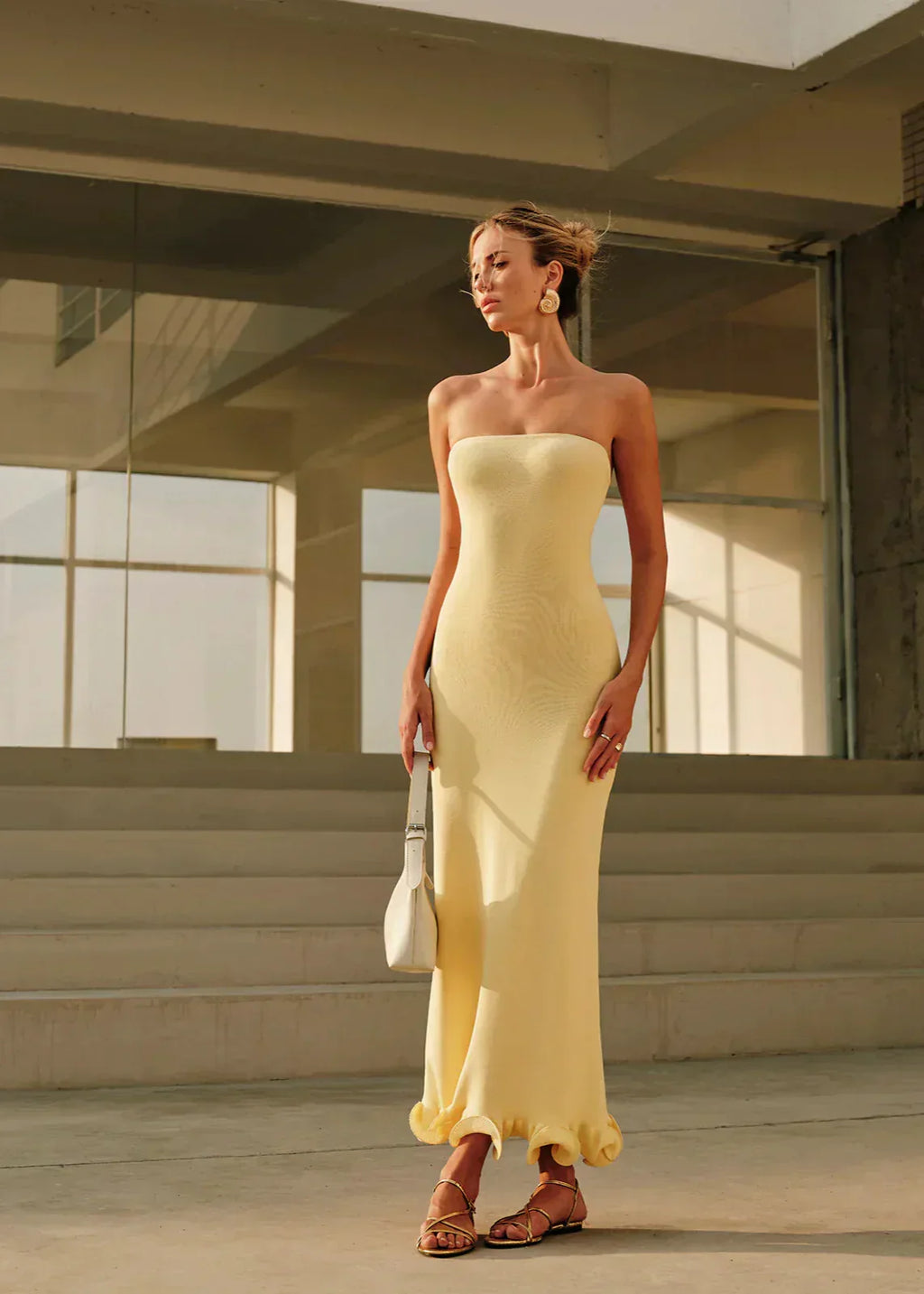 Strapless Bodycon Fluted Ruffle Trumpet Hem Maxi Dress