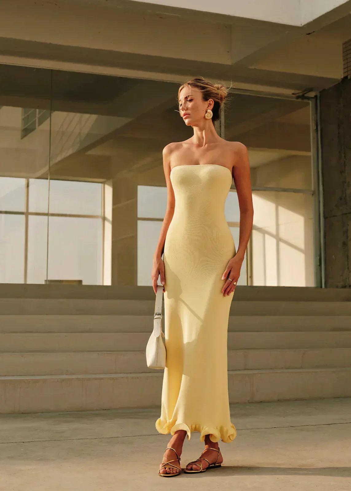 Strapless Bodycon Fluted Ruffle Trumpet Hem Maxi Dress