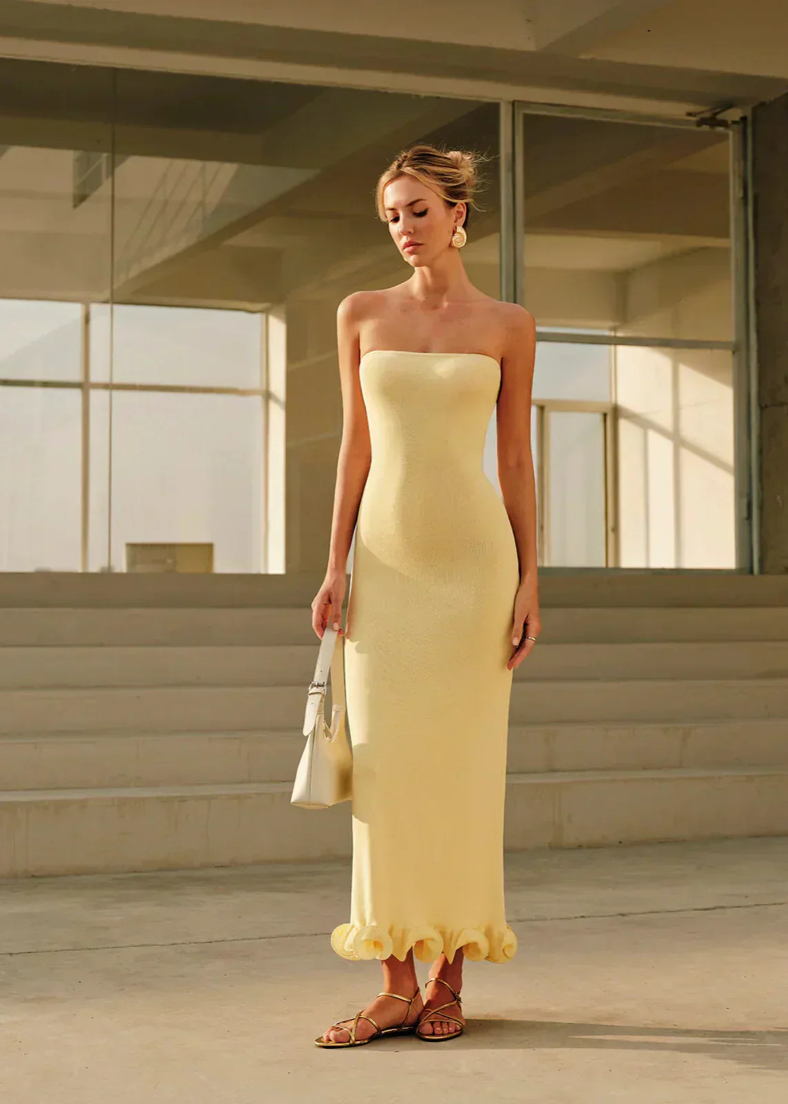 Strapless Bodycon Fluted Ruffle Trumpet Hem Maxi Dress