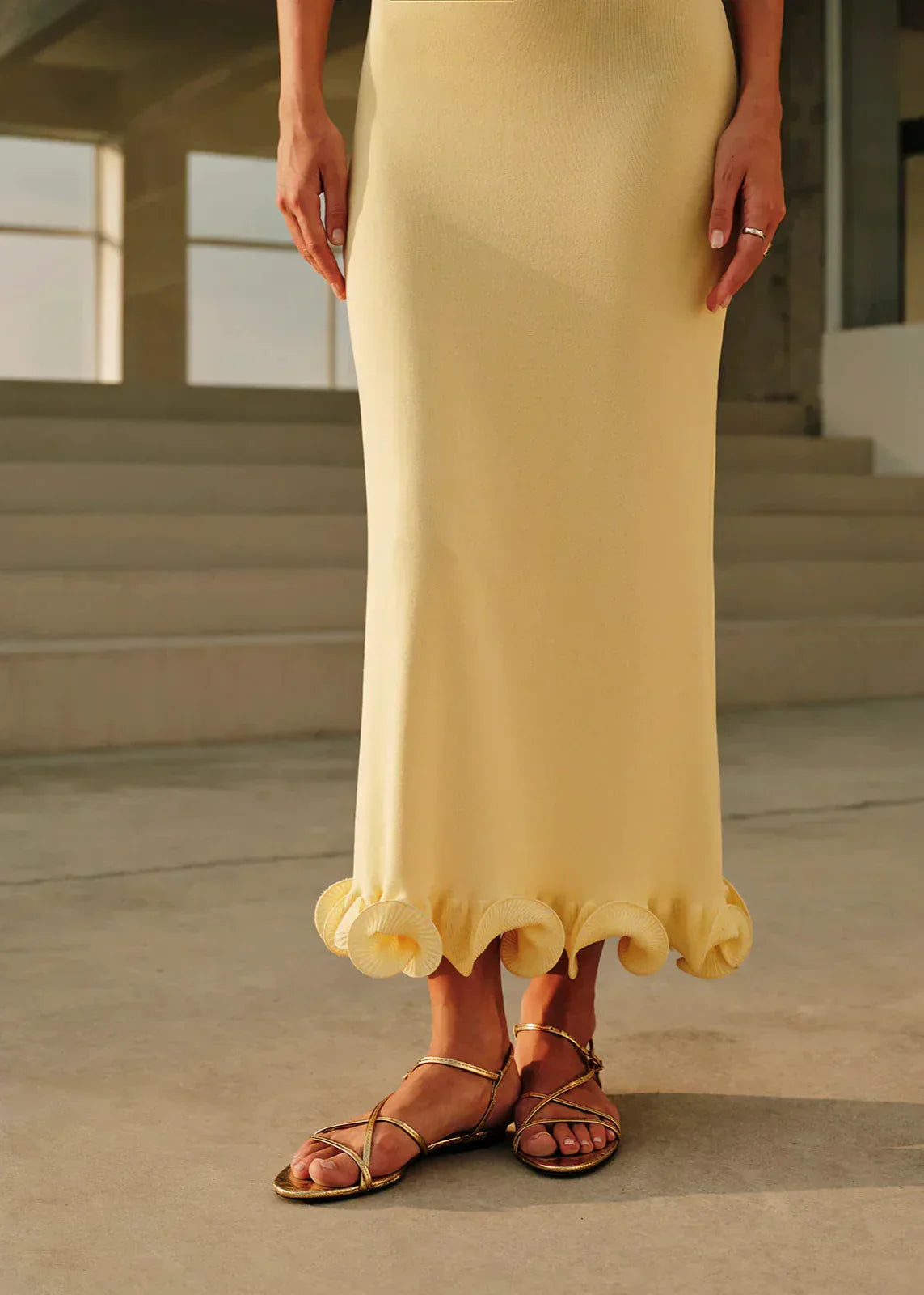 Strapless Bodycon Fluted Ruffle Trumpet Hem Maxi Dress