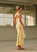 Strapless Bodycon Fluted Ruffle Trumpet Hem Maxi Dress