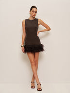 Dark Brown Ruffled Hem Sleeveless Dress