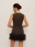 Dark Brown Ruffled Hem Sleeveless Dress