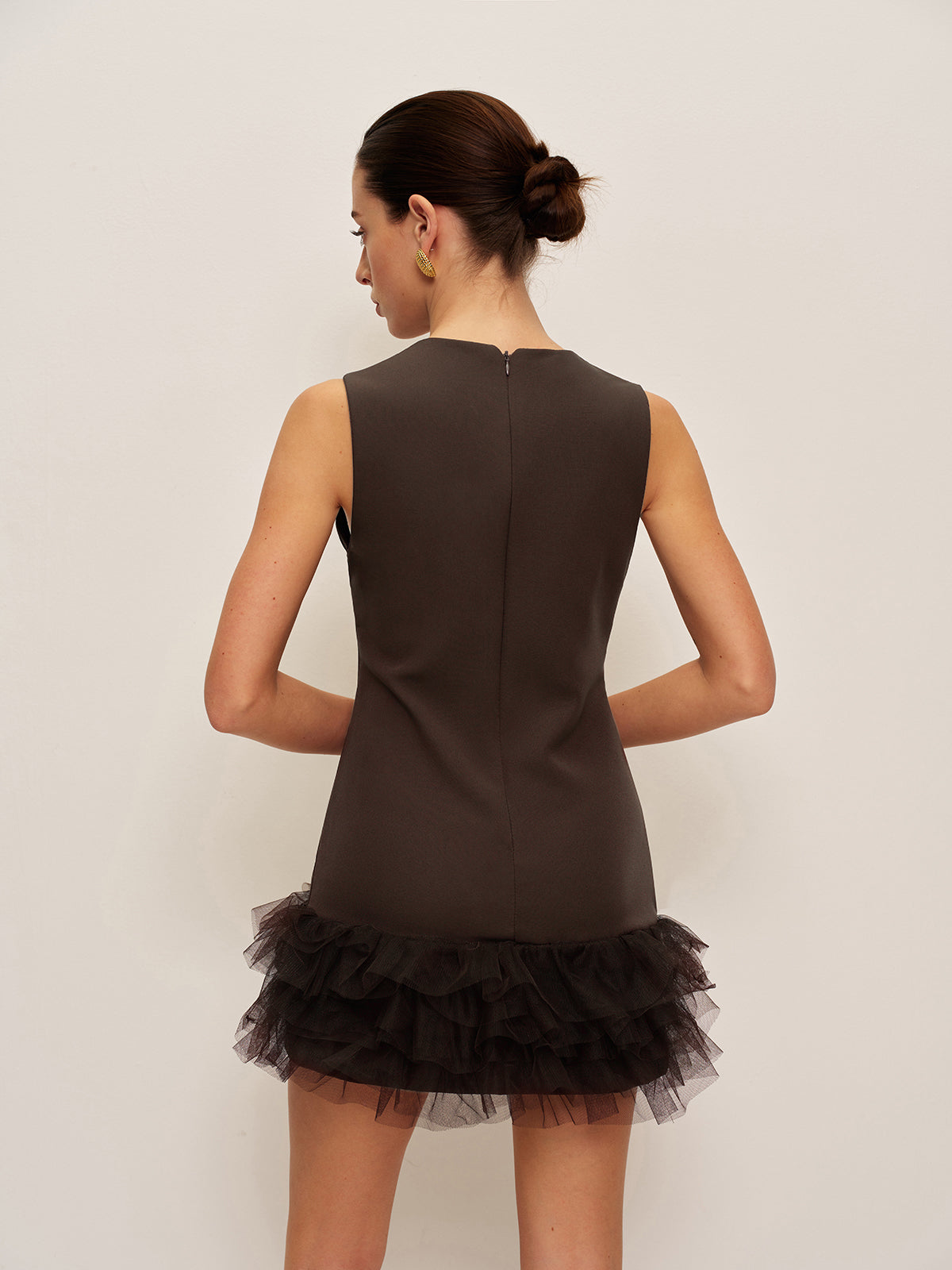 Dark Brown Ruffled Hem Sleeveless Dress