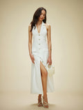 White Cotton And Linen Pocket-detail Halter Neck Tie-back Dress