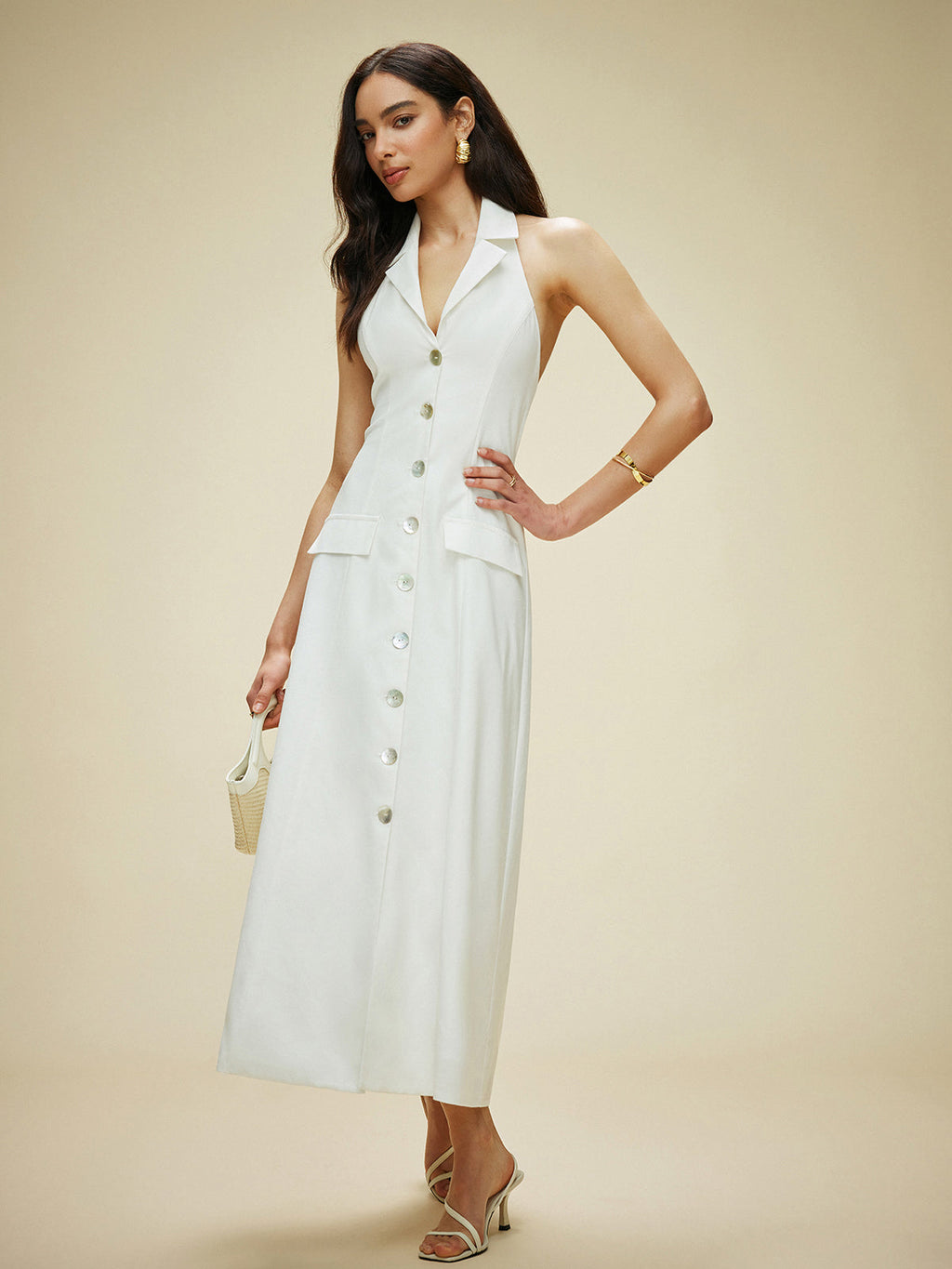 White Cotton And Linen Pocket-detail Halter Neck Tie-back Dress