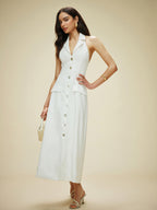 White Cotton And Linen Pocket-detail Halter Neck Tie-back Dress