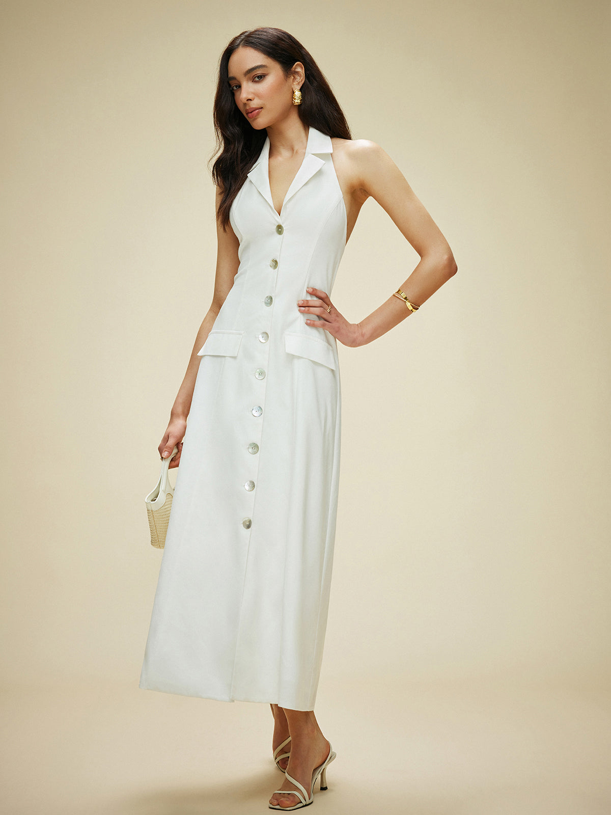 White Cotton And Linen Pocket-detail Halter Neck Tie-back Dress