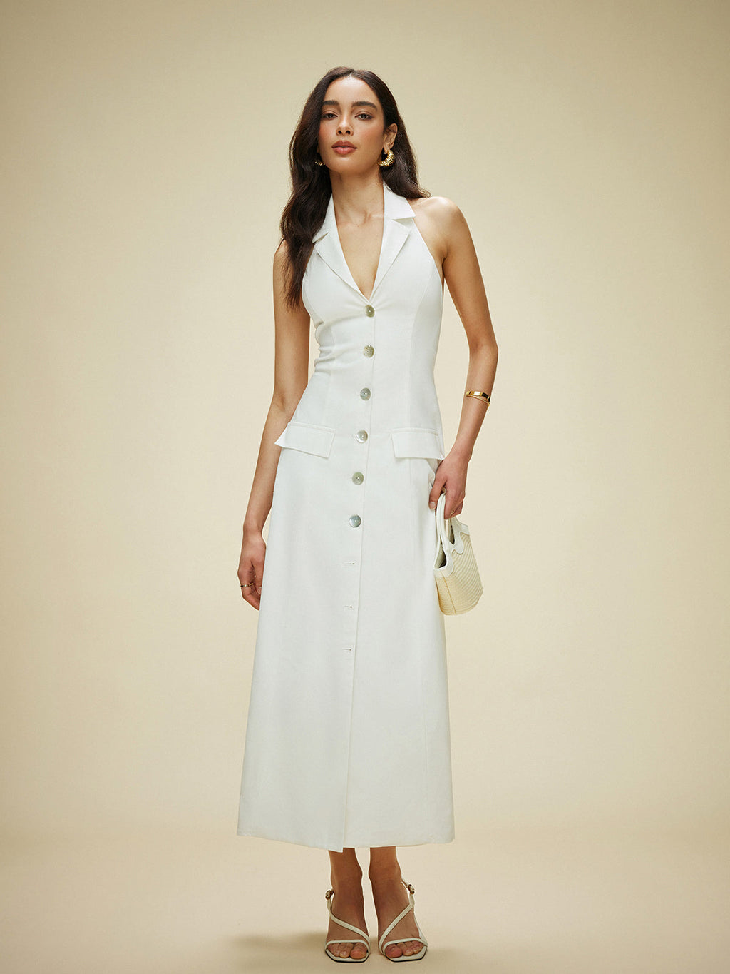 White Cotton And Linen Pocket-detail Halter Neck Tie-back Dress