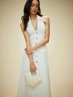 White Cotton And Linen Pocket-detail Halter Neck Tie-back Dress