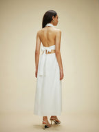White Cotton And Linen Pocket-detail Halter Neck Tie-back Dress